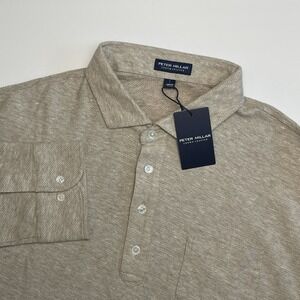NEW Peter Millar Croxley Polo Shirt Mens Large L/S Truffle Beige Linen Blend